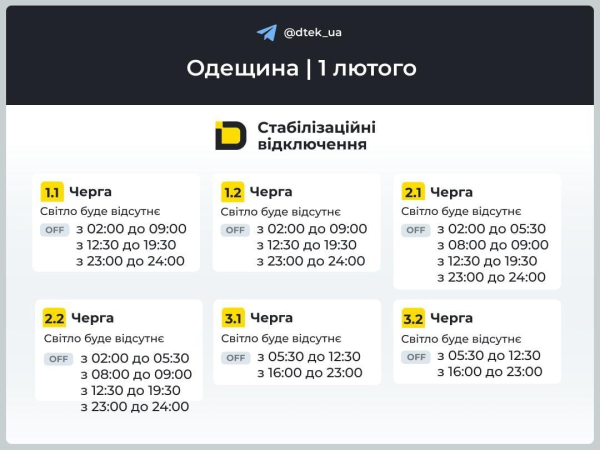 Графіки відключень світла: коли подаватимуть електрику 1 лютого