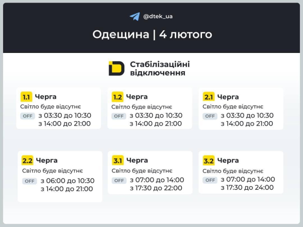 Графіки відключень електроенергії 4 лютого: коли не буде світла в середу