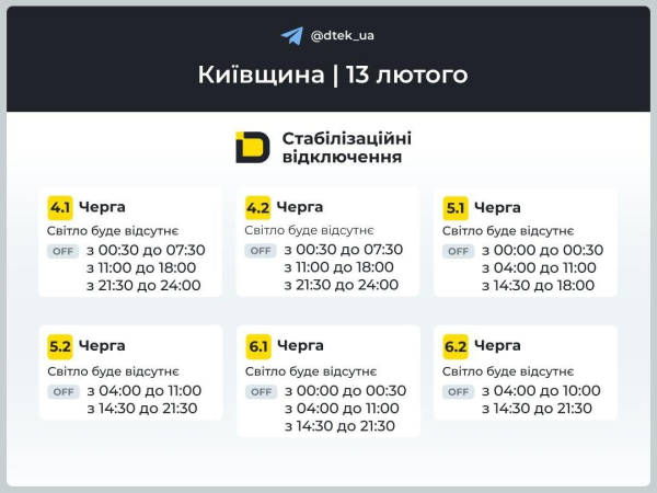 Графіки відключень світла на 13 лютого: коли не буде електроенергії у п’ятницю