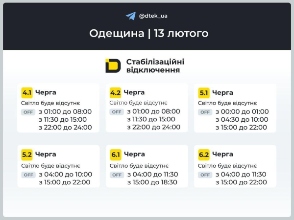 Графіки відключень світла на 13 лютого: коли не буде електроенергії у п’ятницю