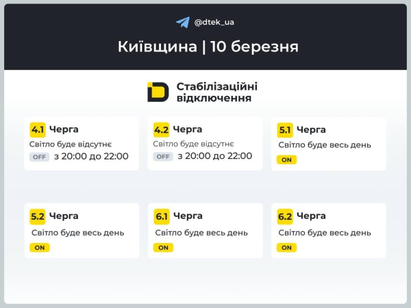 В Україні 10 березня вимикатимуть світло: якими будуть графіки у вівторок