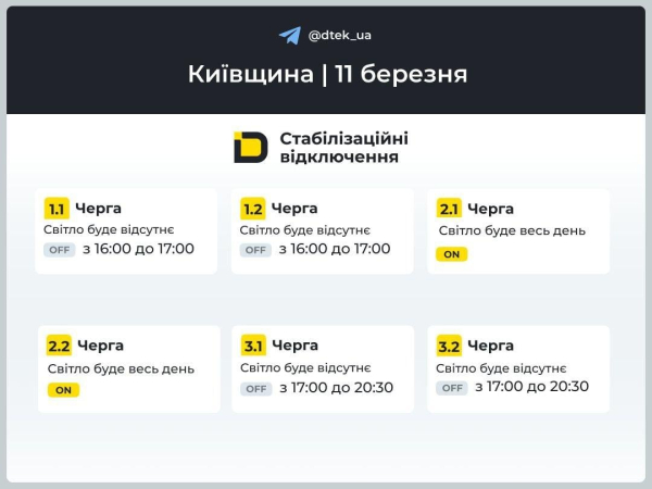 Графіки відключень на 11 березня: коли будемо без світла в середу