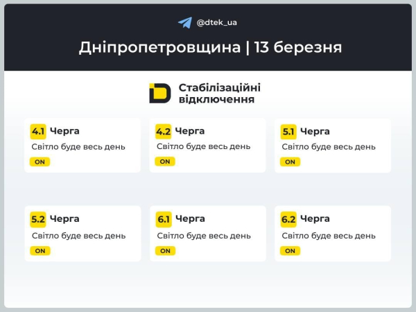 Графіки відключень на 13 березня: коли не буде світла у п’ятницю