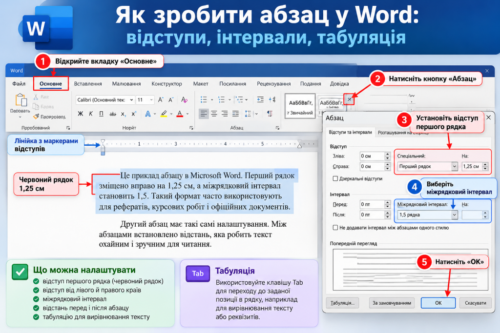 Як зробити абзац у Word: відступи, інтервали, табуляція