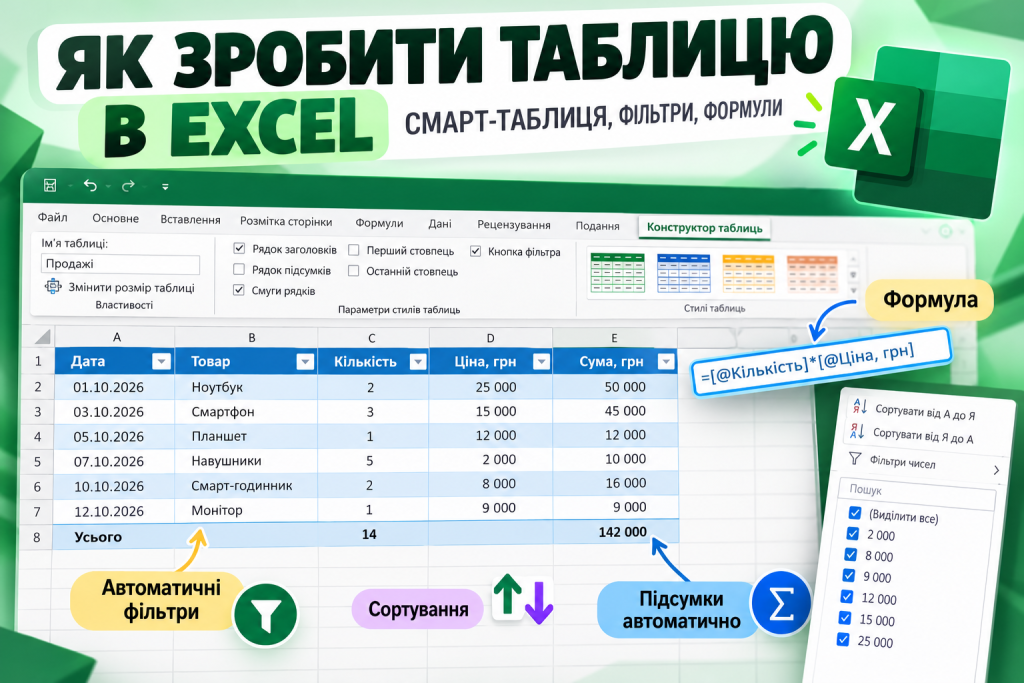 Як зробити таблицю в Excel: смарт-таблиця, фільтри, формули