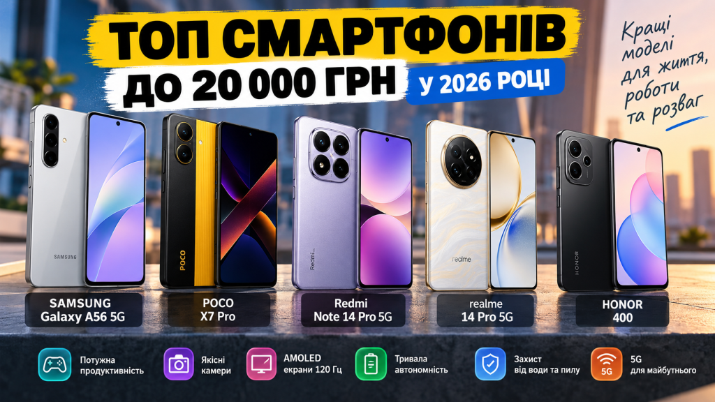 Топ смартфонів до 20 000 грн у 2026 році
