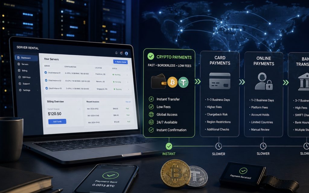 Почему криптоплатежи удобнее PayPal и SWIFT для аренды серверов